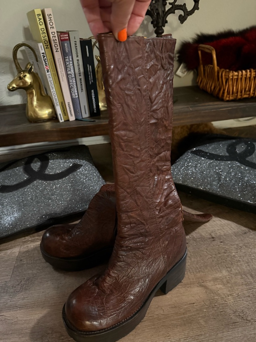 Brown Mid-Calf Leather Platform Boots